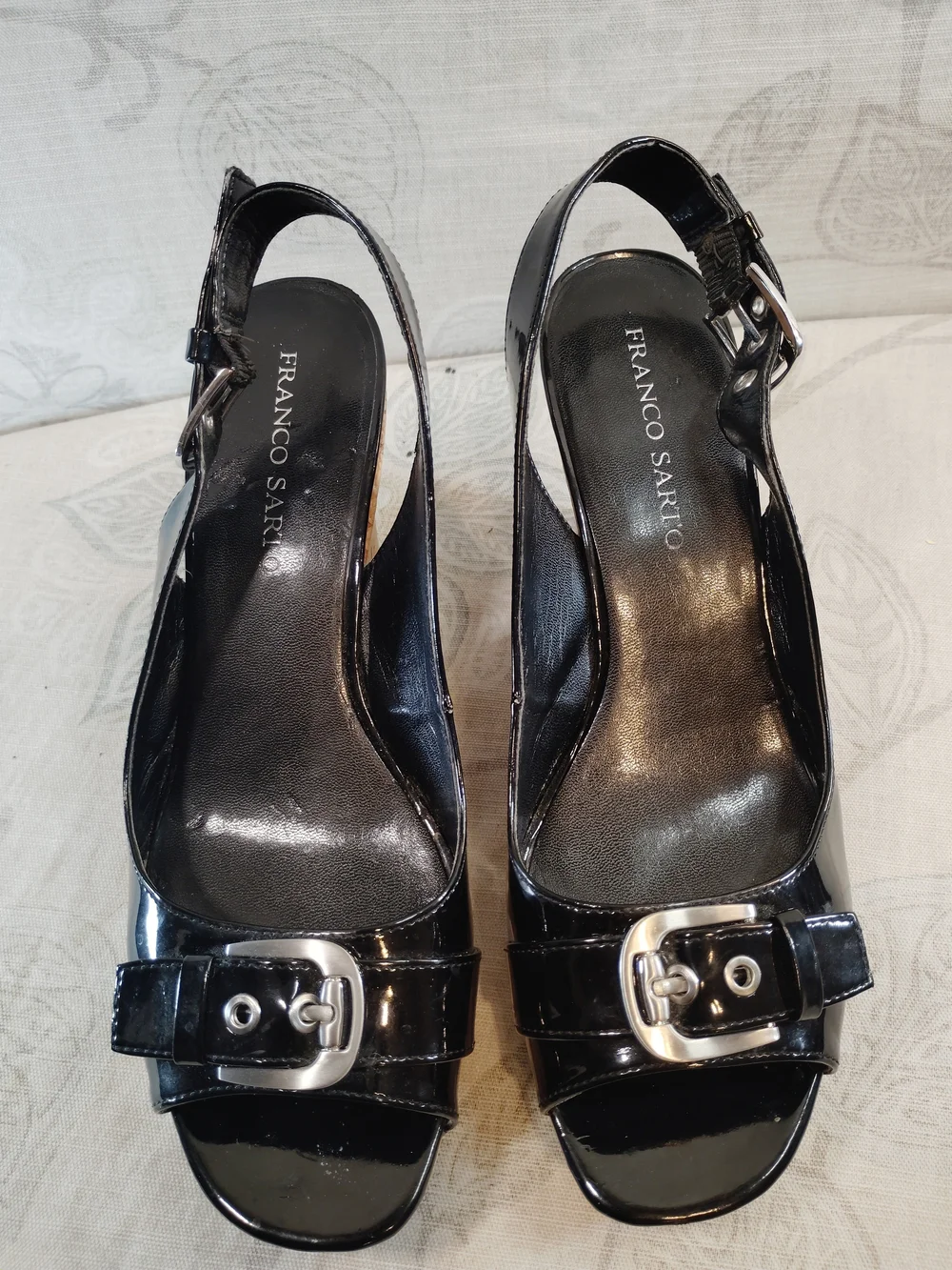 Franco Sarto Black Patent Leather Wedge Slingback Heels